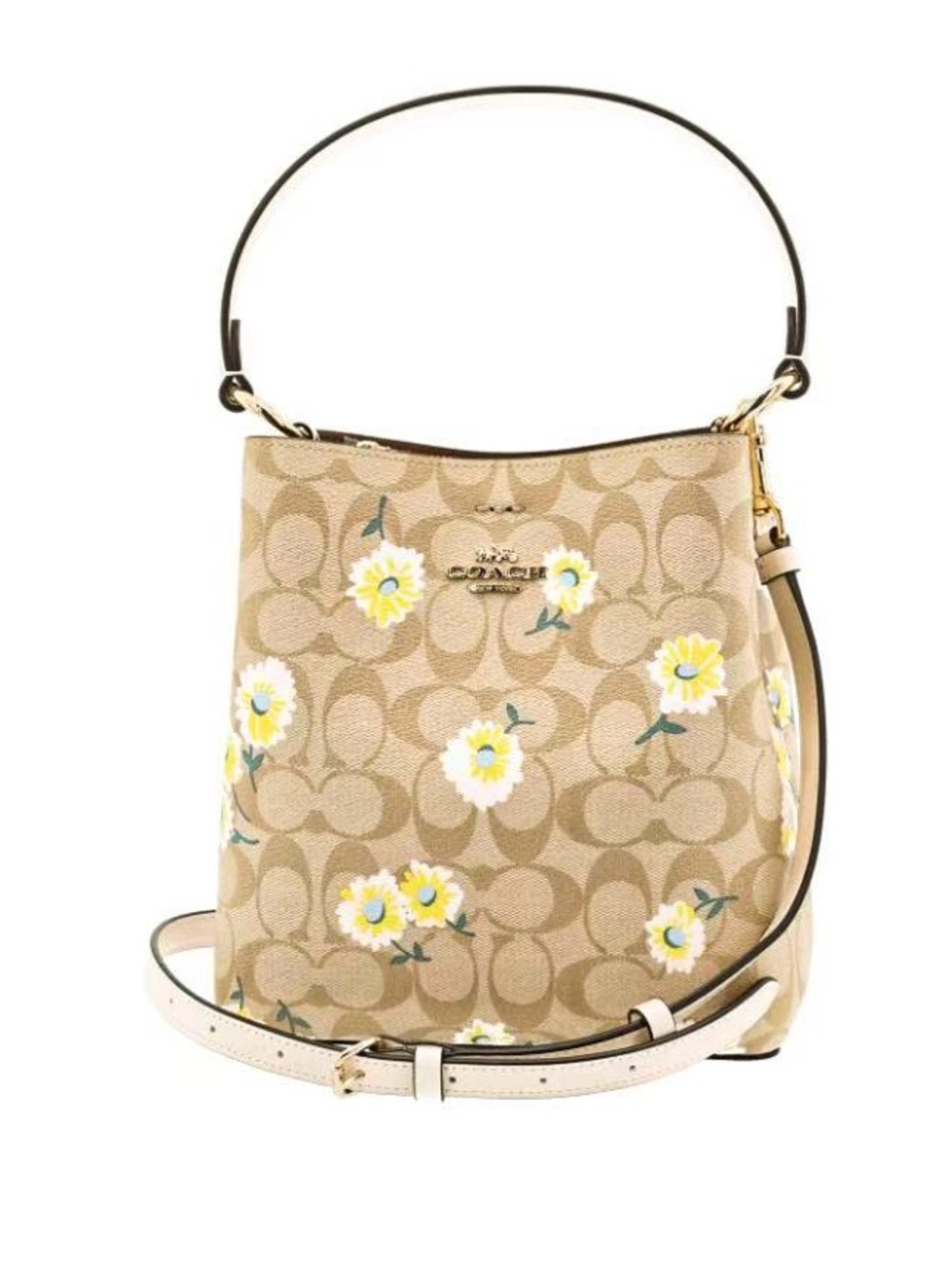 Coach town 21 Beige Signature Daisy Bucket Bag with Yellow Accents